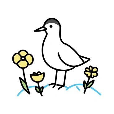 An arctic tern with a white body and a black cap is standing gracefully amidst a vibrant patch of arctic poppies. The tern has a slender beak and is positioned with its head slightly tilted, observing its surroundings. The arctic poppies, with their bright yellow petals and green stems, surround the bird and create a cheerful contrast against the snowy ground. The scene captures the natural beauty of the arctic environment.