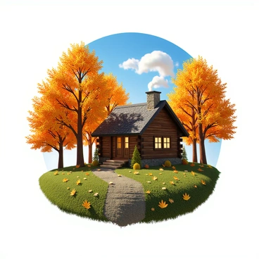 A picturesque autumn landscape featuring a cozy wooden cabin nestled among tall trees. The cabin has a stone chimney and smoke gently rising from it, indicating a warm fire inside. Bright orange and yellow leaves are falling from the branches above, creating a colorful carpet on the ground. The sky is a clear blue, and a few fluffy white clouds can be seen. In the foreground, there is a small pathway leading up to the cabin, lined with scattered leaves. The sunlight filters through the trees, casting dappled shadows on the ground.
