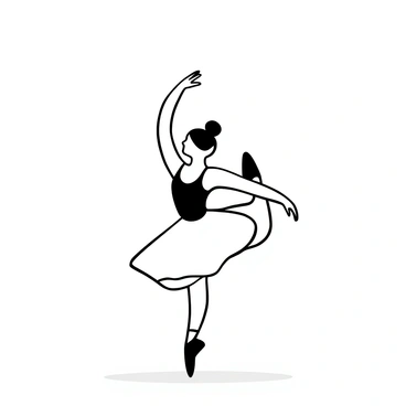 A graceful ballerina in mid-performance, poised elegantly on one leg with the other extended behind her. Her arms are lifted gracefully above her head, creating a beautiful arc against the background. She is wearing a flowing tutu that sweeps around her as she moves. The floor beneath her is smooth, reflecting the intricate movements of her dance. The illustration captures the movement and fluidity of the ballerina's form, emphasizing the grace and strength involved in her performance.