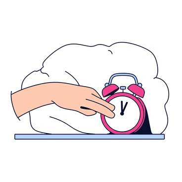 A hand with a light skin tone is reaching out from under a fluffy white blanket. The hand is gently resting on a round alarm clock. The alarm clock is a bright red color with a circular face and two metallic bells on top. The clock shows the time in bold black numbers, indicating early morning hours. The scene is set on a simple wooden nightstand.
