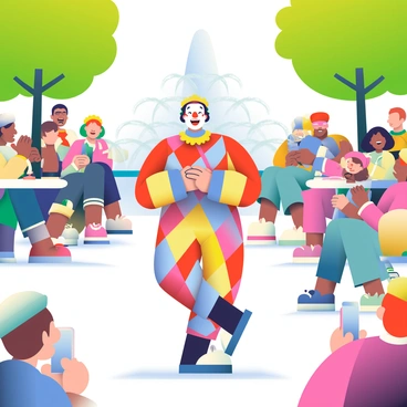 An arlequin mime with a colorful costume consisting of diamond patterns in red, blue, and yellow is performing in the center of a bustling city square. The mime has white face paint and exaggerated facial expressions, capturing the attention of a diverse crowd. Surrounding the mime are onlookers of various ages, some clapping and smiling, while others are taking photos. Trees with bright green leaves line the edges of the square, and small tables with colorful umbrellas are set up nearby. A fountain with clear water is gently splashing in the background, adding to the lively atmosphere.