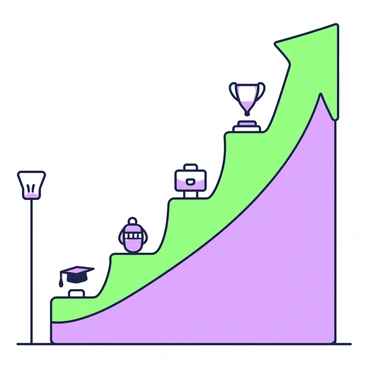 An upward graph is displayed prominently on a white background. The graph features a green line rising steadily from the bottom left to the top right. Along this line, there are several icons representing various career milestones. At the starting point of the graph, there is a small graduation cap icon symbolizing education. A few increments up, a briefcase icon represents the start of a professional journey. Further along the line, a light bulb icon signifies innovation and new ideas. Near the peak of the graph, a trophy icon indicates major achievements and success. Each icon is clearly defined and adds visual interest to the growing graph. The axes of the graph are labeled, showing measurable progress in a professional career.