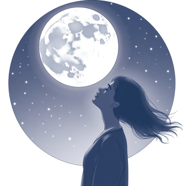 A person standing in profile, looking up towards a large full moon in the night sky. The figure is silhouetted against the moonlight, with their body slightly turned to the side. The moon is prominently placed, taking up a significant portion of the sky, showcasing its detailed surface features. Surrounding the moon is a starry background, with scattered stars creating a sense of depth. The person's hair is flowing gently, indicating a soft breeze in the atmosphere.
