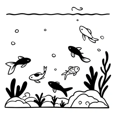 An underwater scene showing multiple koi fish swimming gracefully, their bodies moving fluidly through the crystal-clear water. The water surface above is visible, with light rays penetrating through, creating ripples. The koi fish feature distinct patterns and shapes, with some gliding near the rocky bottom and others near lush aquatic plants. Small bubbles rise to the surface, adding to the underwater ambiance.