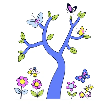 A whimsical tree with a bent trunk that leans to one side. The branches of the tree are twisted and extend outwards in various directions. Surrounding the tree are unusual flowers with vibrant colors and unique shapes. Colorful butterflies flutter around the flowers, some resting on the petals while others are in mid-flight. The scene is depicted with simplicity, emphasizing the playful nature of the tree and its surroundings.