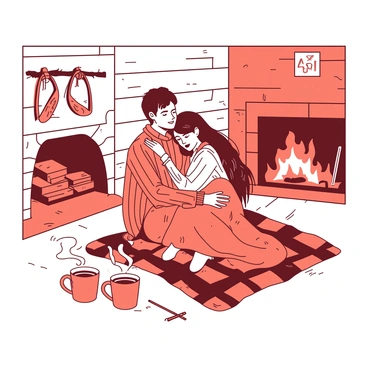 A couple is cuddling on a cozy plaid blanket in front of a warm fireplace inside a rustic cabin. The fireplace has bright orange flames flickering and casting soft light in the room. The couple is sitting on a wooden floor, surrounded by log walls that add to the cabin's charm. Nearby, there is a small table with two steaming mugs of hot cocoa. The woman has long, flowing hair and is wearing a chunky knit sweater, while the man has a plaid shirt and a warm smile as he holds her close. In the background, there are a few rustic decorations, including a pair of snowshoes hanging on the wall and a stack of firewood.