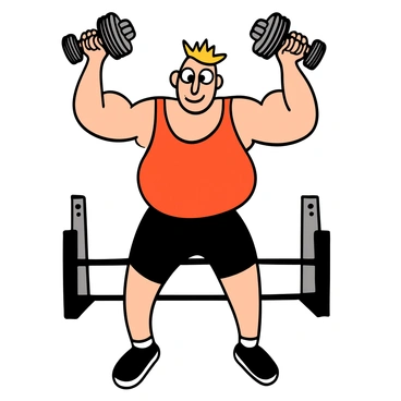 A cartoon character with light skin and a muscular build is standing in an athletic pose while performing dumbbell front raises. The character has big eyes and short spiky hair, wearing a bright red tank top and black shorts. They are holding two shiny silver dumbbells, one in each hand, lifted in front of them at shoulder height. The character has a determined expression on their face, showcasing their focus and strength. The background features simple stylized gym equipment, emphasizing the workout environment.