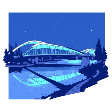 The futuristic "Peace Bridge" in Tbilisi is illuminated with bright lights at night. The bridge has a sleek, modern design with a glass and steel structure that curves gracefully over the Kura River. Below, the water reflects the vibrant illumination of the bridge, creating a shimmering effect. The surrounding area is dotted with trees and pathways, enhancing the serene atmosphere of the scene. The night sky is clear, adding to the dramatic effect of the illuminated bridge against the backdrop of the dark blue night.