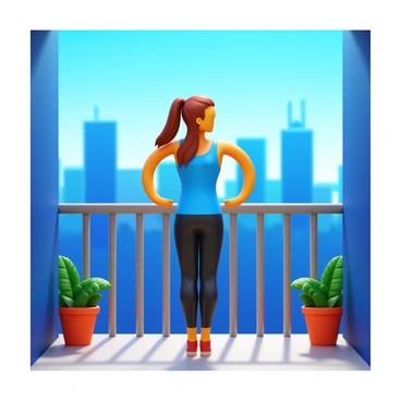 A woman performing arm circles on a balcony of an apartment. She has long hair pulled into a ponytail and is wearing a light blue tank top and black leggings. The balcony is adorned with a few potted plants. In the background, a vibrant city skyline can be seen, featuring tall buildings and a bright blue sky. Sunlight casts soft shadows on the balcony floor as the woman focuses on her exercise.
