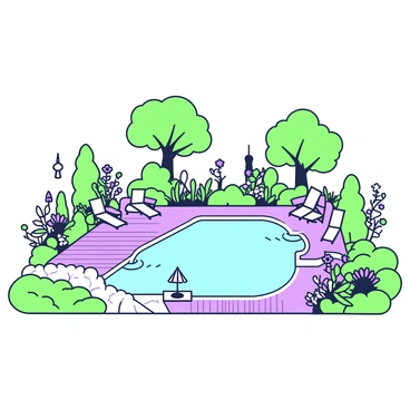 A swimming pool is located at the center of a beautifully landscaped garden. Surrounding the pool, there are various types of lush green plants and colorful flowers arranged in carefully designed beds. On one side of the pool, a curved path made of stones leads to a wooden deck with comfortable lounge chairs. A small fountain is situated at the edge of the pool, adding a calming effect to the scene. In the background, there are tall trees providing shade and a sense of privacy, while a few garden sculptures are strategically placed to enhance the beauty of the setting.
