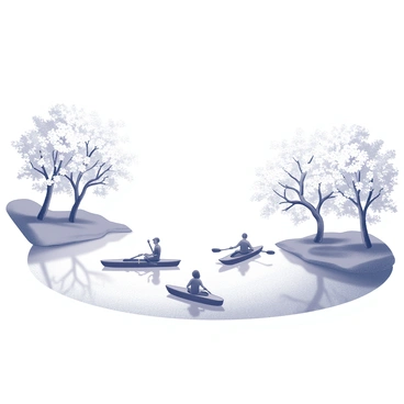 A group of paddlers in small boats is gliding smoothly across a calm lake. The surface of the water reflects the gentle movements of the paddles. Delicate cherry blossom trees with clusters of blooming flowers line the edges of the lake. The branches of the trees extend gracefully, some flowers cascading toward the water. The sky above is clear and open, enhancing the serene atmosphere of the scene.
