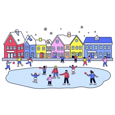 A snowy street scene in Helsinki with several charming old buildings lining the road. The buildings have colorful facades and sloping roofs covered with a dusting of snow. In the foreground, a frozen pond is filled with people ice skating. Some skaters are joyfully gliding across the ice, while others are holding hands. A few children are playing nearby, creating snowballs. Snowflakes are gently falling from the sky, adding to the winter atmosphere. The scene is bustling with activity and warmth despite the cold weather.