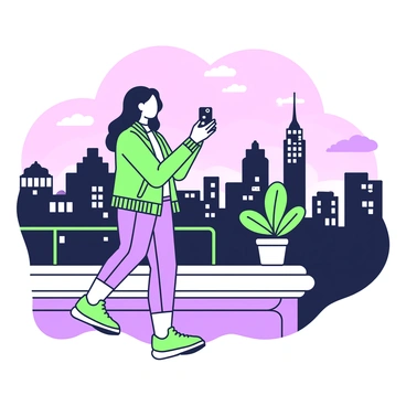 A woman is standing on a city rooftop, gazing out at the skyline as dusk approaches. She has long hair that flows gently in the evening breeze. She is wearing a fitted jacket and jeans, with stylish sneakers. The city below is filled with tall buildings, some with lights beginning to twinkle. A few clouds are scattered in the sky, tinted with soft hues as the sun sets. In her hand, she holds a smartphone, capturing the moment. The rooftop has a small railing, and a potted plant sits beside her, adding a touch of greenery to the scene.
