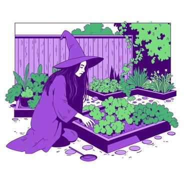 A purple witch with long flowing hair is kneeling in a vibrant green herb garden, surrounded by various lush plants and herbs that are overflowing from wooden raised beds. The yard features a rustic design, with cobblestone pathways winding through patches of vibrant plants. In the background, there is a weathered wooden fence adorned with climbing vines. The witch is wearing a long flowing robe and a pointed hat, carefully tending to the herbs with a small trowel in her hand. Sunlight filters through the leaves, casting dappled shadows on the ground.