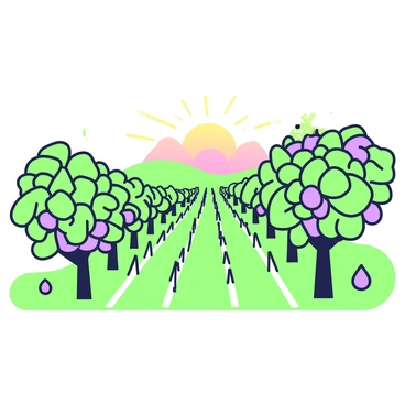 A scenic view of a vineyard stretches across the landscape. Rows of grapevines are neatly arranged, their leaves lush and full. Scattered throughout the vineyard are fig trees, with broad green leaves and small figs visible among the branches. The background showcases rolling hills, creating a sense of depth. The scene is illuminated by the warm light of sunset, casting soft shadows across the ground and highlighting the textures of the leaves and grapes. In the distance, the sky features soft gradients, enhancing the tranquil atmosphere.