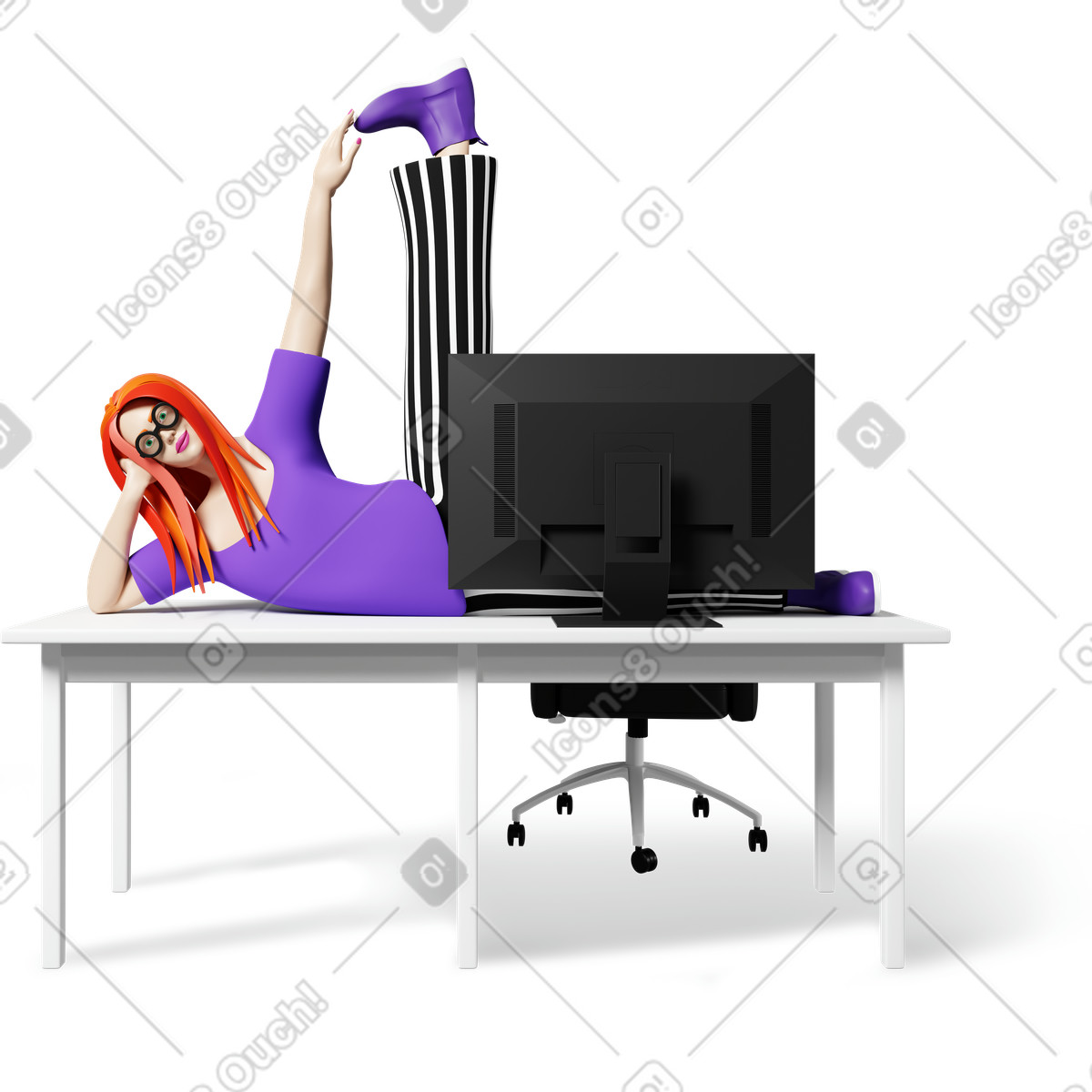 Donna allo schermo del computer che scherza sulla scrivania dell'ufficio illustrazione in stile 3D Plastic people scarica in PNG, SVG