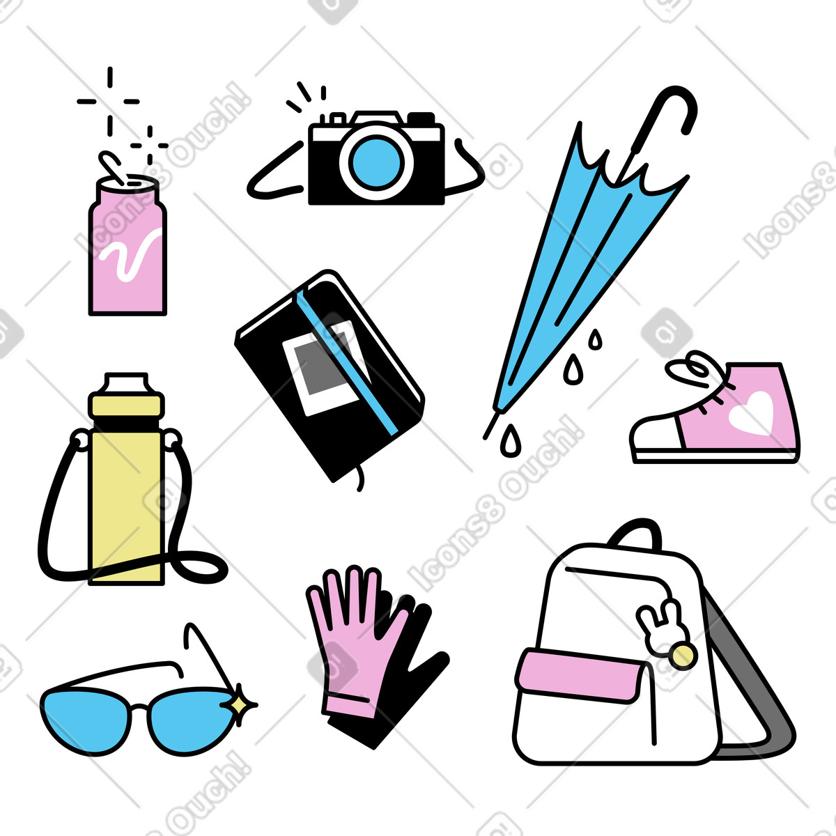 Accessori vari da viaggio: zaino, occhiali da sole, ombrello, ecc. illustrazione in stile Mochi scarica in PNG, SVG