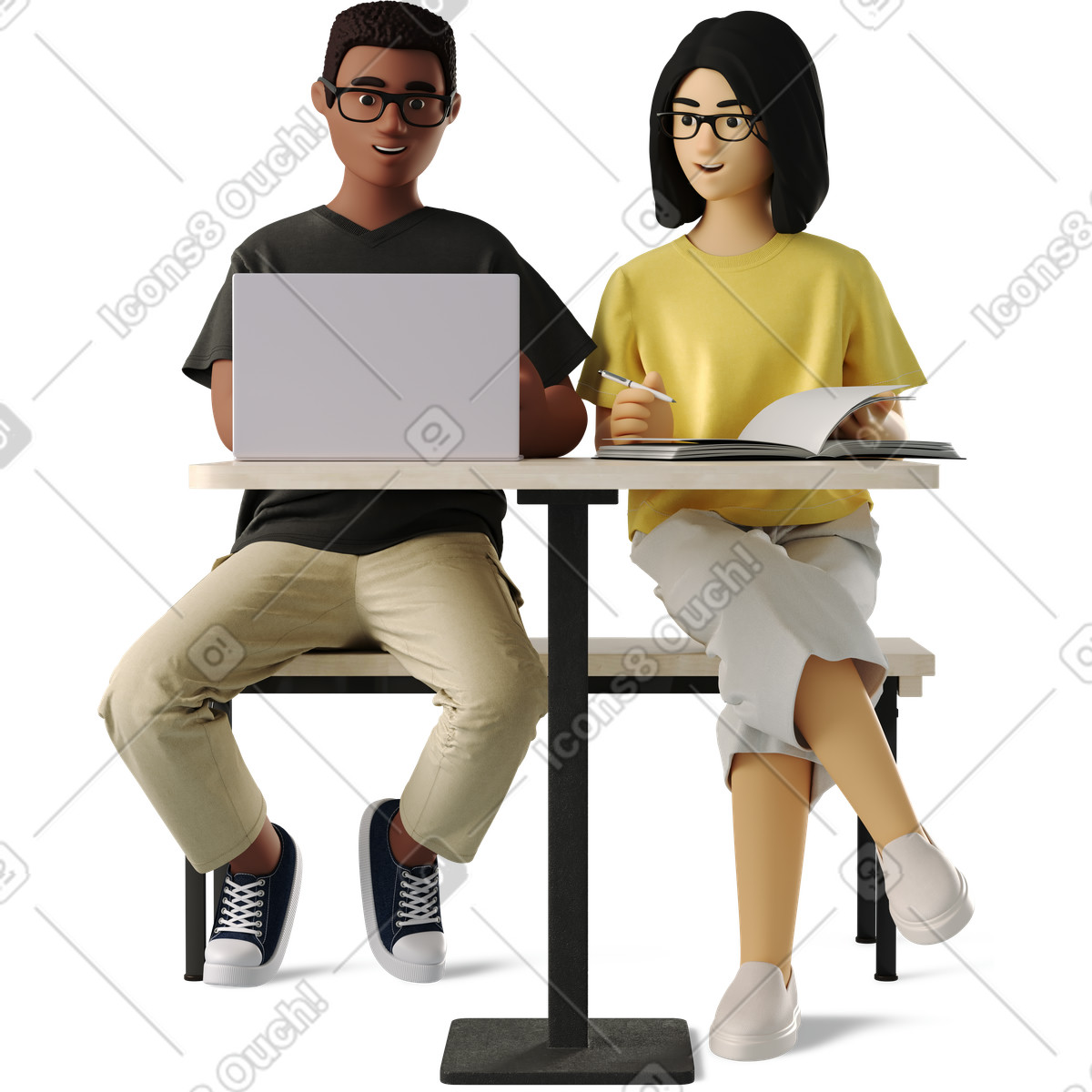 Illustration Homme et femme travaillant à table avec un ordinateur portable dans le style 3D Business télécharger aux formats PNG, SVG