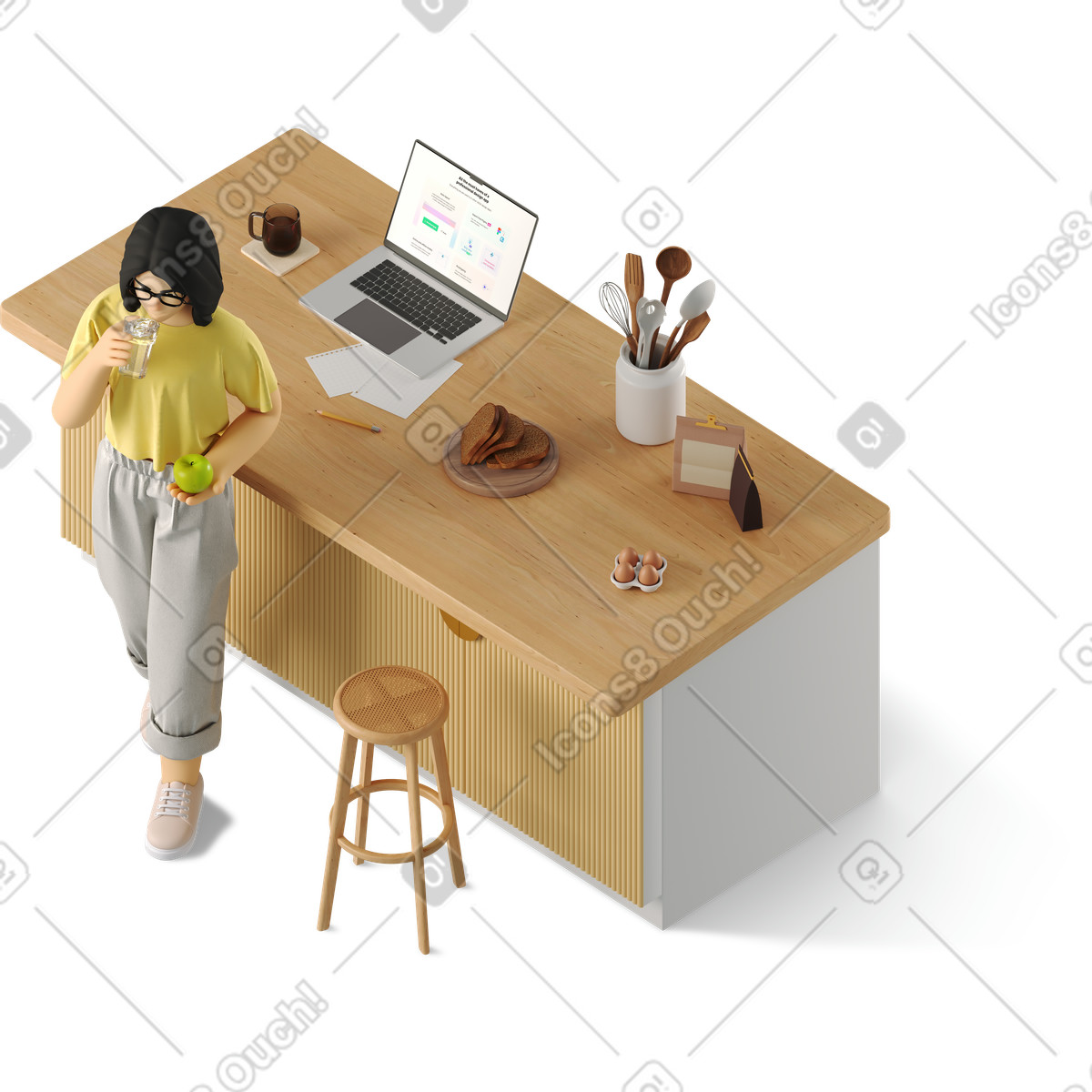 Woman in front of kitchen table illustration 3D Business style download PNG, SVG
