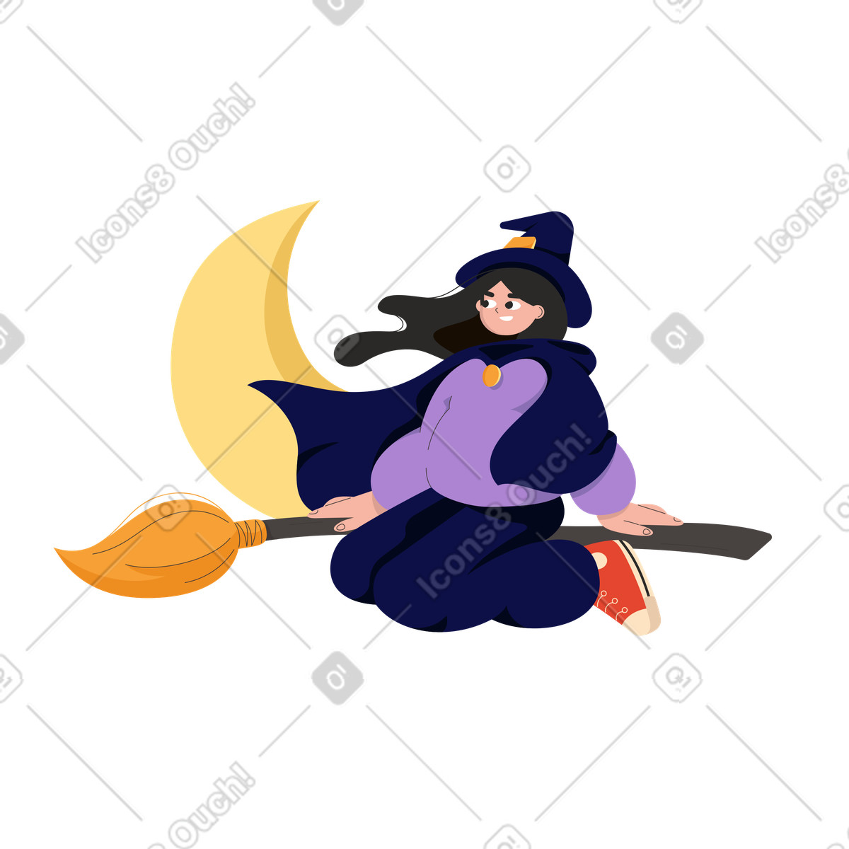 Illustration Jolie sorcière volant sur un balai avec croissant de lune en arrière-plan dans le style Dizzy à télécharger aux formats PNG, SVG