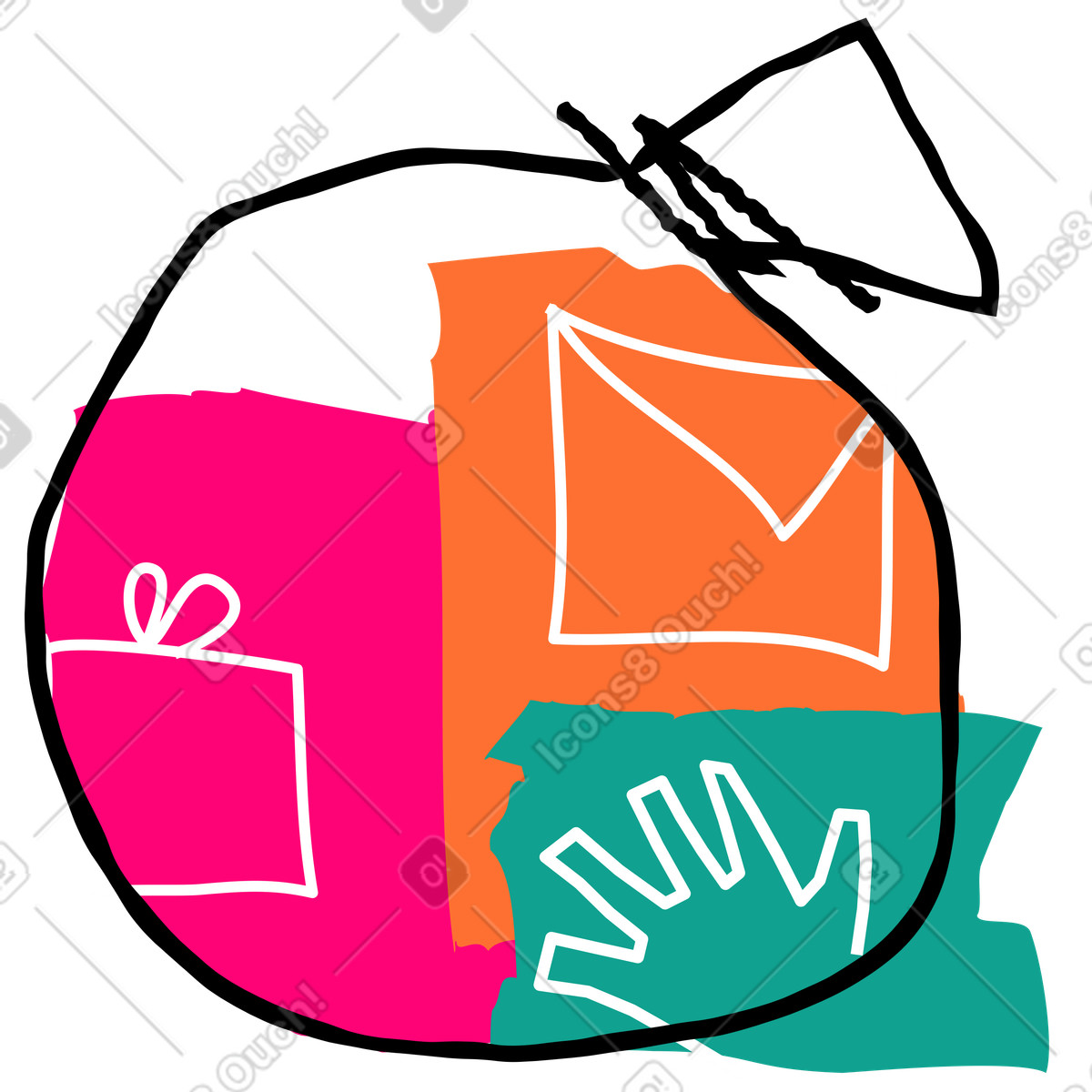 Hand holding christmas sack with gift and letter illustration in Puzzle style download in PNG, SVG