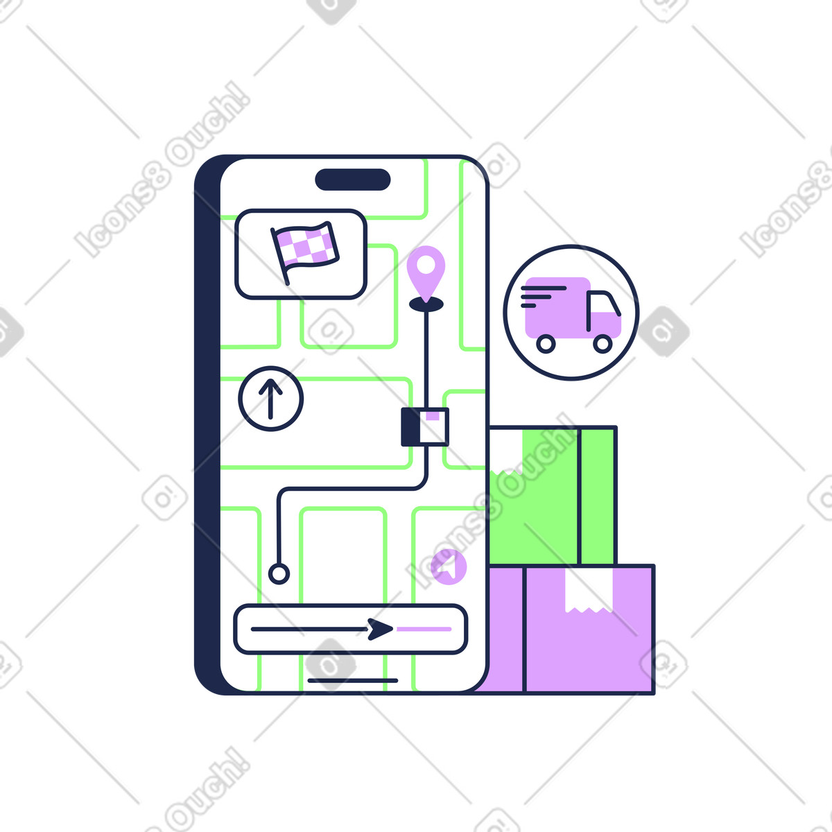 Mobile map with delivery route and packages, Package shipment monitoring illustration in Outline style download in PNG, SVG