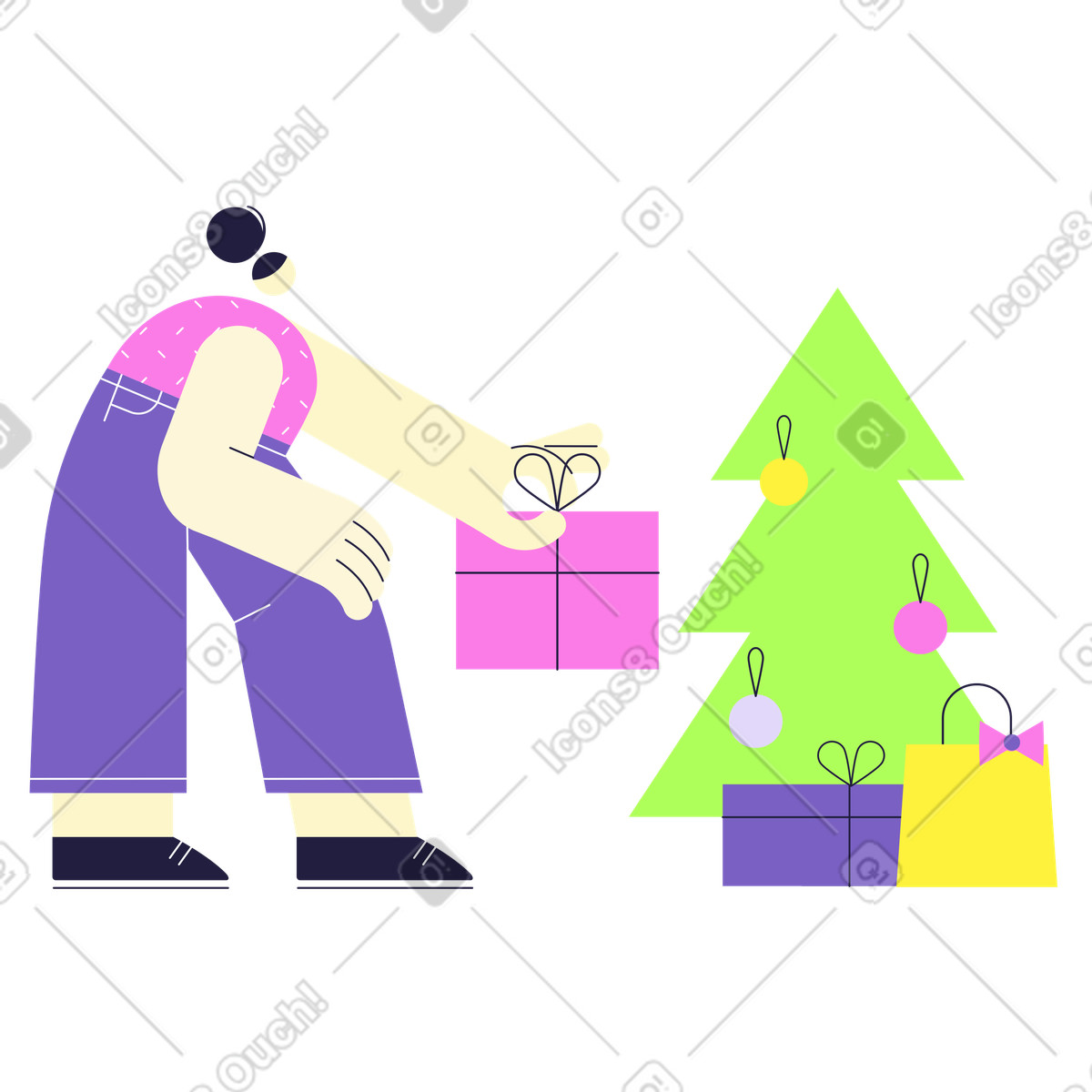 Placing gifts under Christmas tree, Festive preparation and holiday tradition illustration in Mellow style download in PNG, SVG