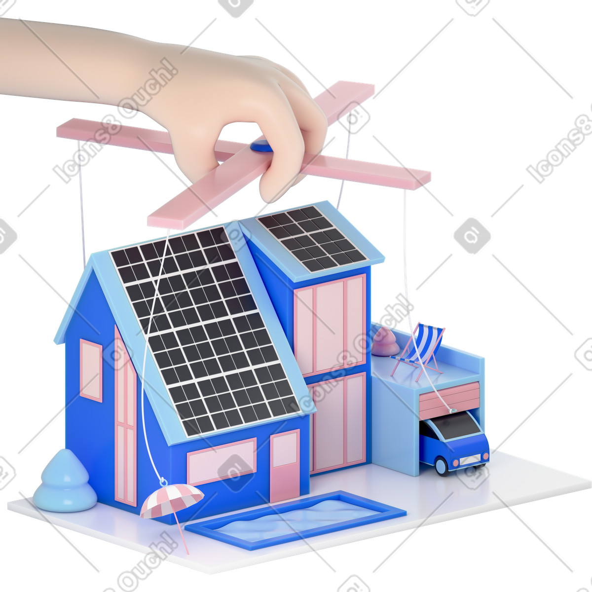 Solar powered house controlled by hand, Eco-friendly home automation, Renewable energy for smart living animated illustration in 3D Editorial style download in GIF, Lottie (JSON), AE
