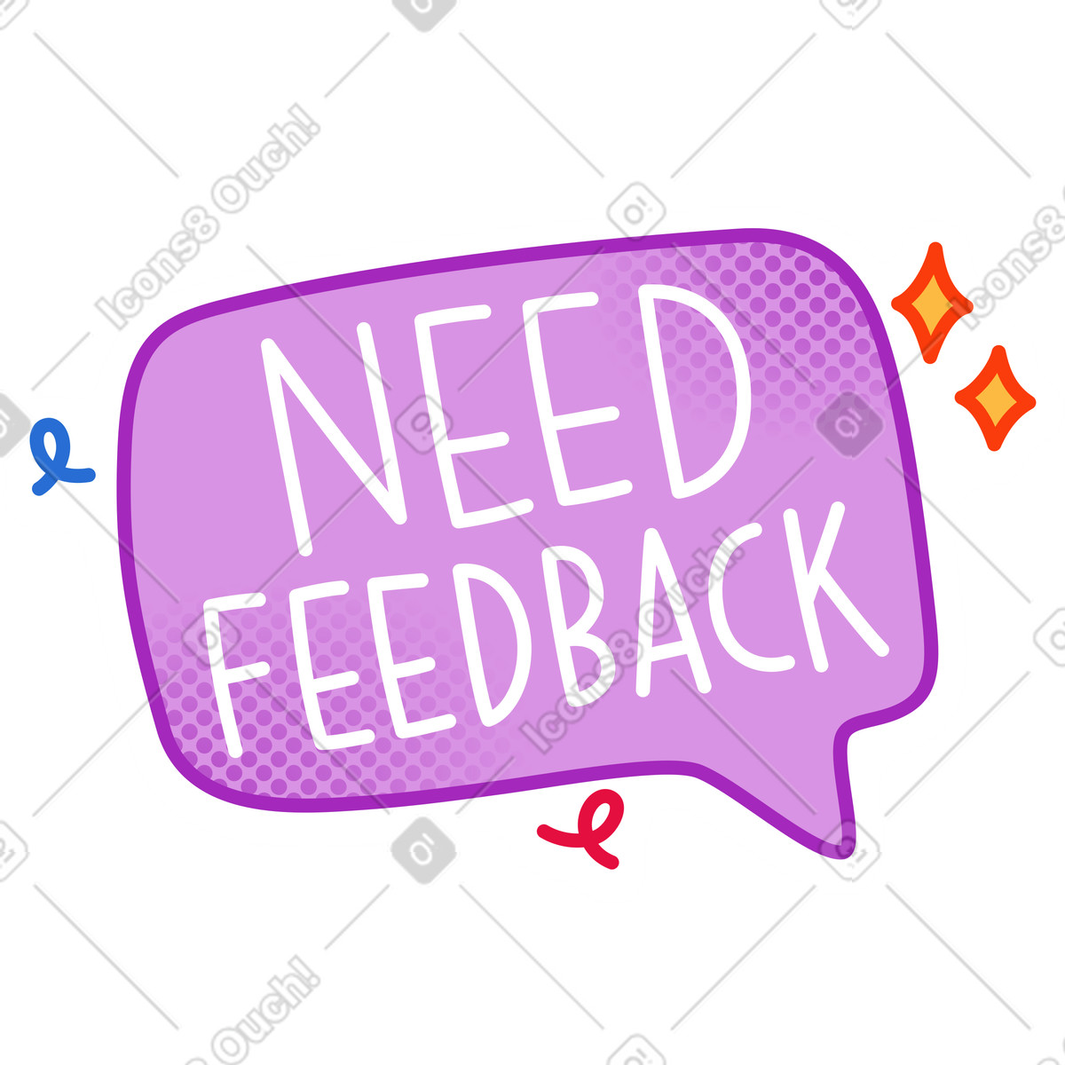 Illustration Autocollant besoin de commentaires texte à l'intérieur la bulle dialogue dans le style Purrfect télécharger aux formats PNG, SVG
