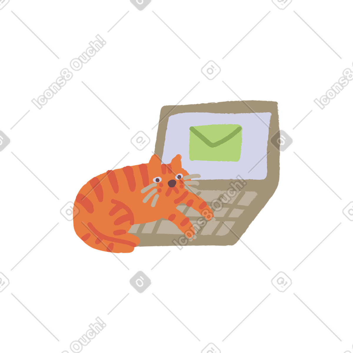 Cat lying on laptop with email screen, Remote work and digital communication illustration in Ginger style download in PNG, SVG