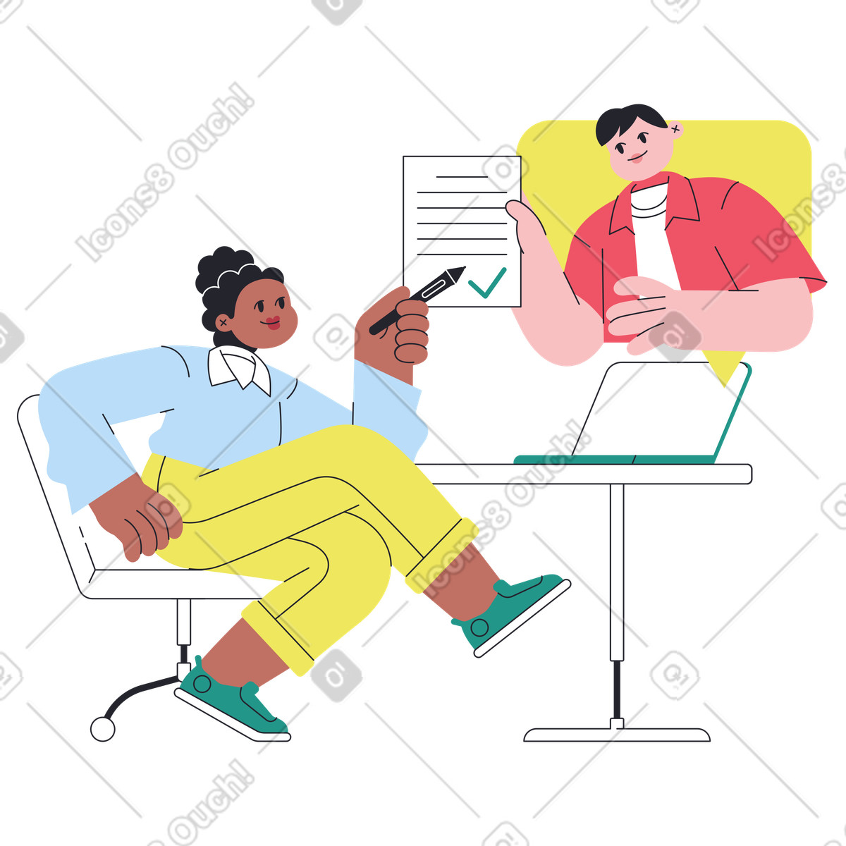 Remote meeting with online document signing, secure electronic signature illustration in Boba style download in PNG, SVG