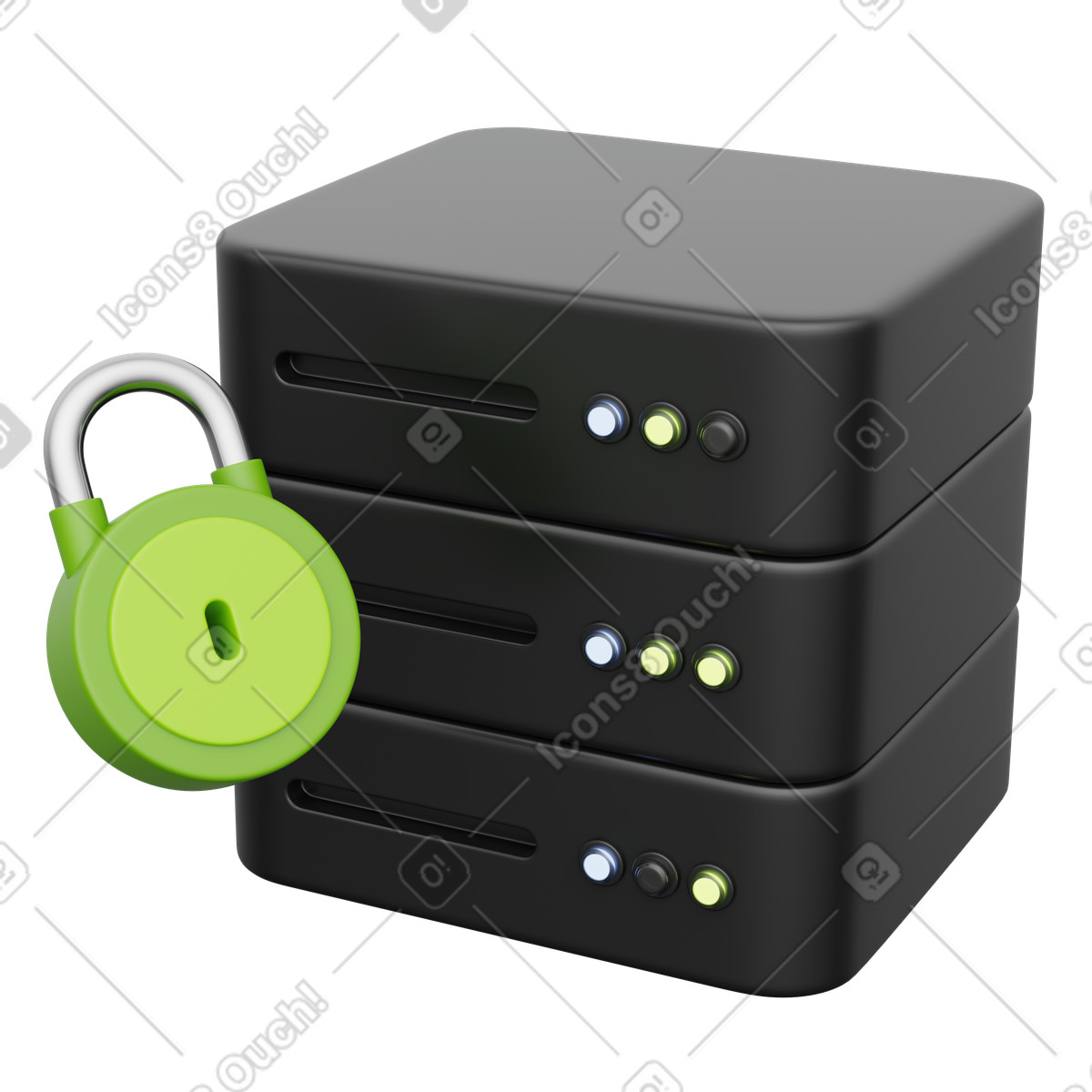 Server security stack with padlock representing protected data center storage illustrazione in stile 3D Playful scarica in PNG, SVG