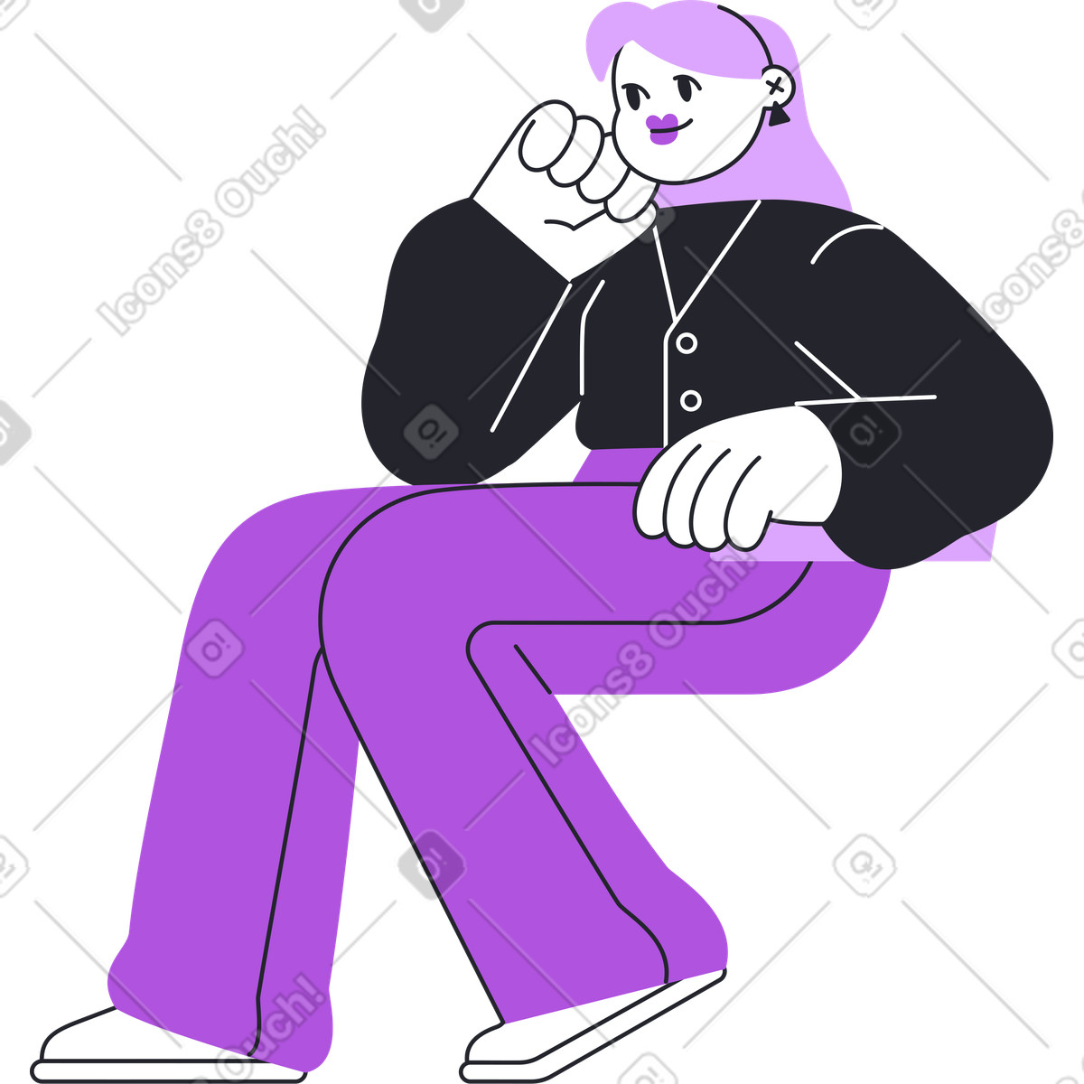 Ilustración Mujer sentada con la barbilla apoyada en mano estilo Grapy a descargar PNG y SVG