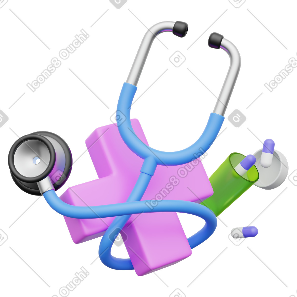 Ilustração de Stethoscope with medical cross capsules and pill bottle healthcare concept em no estilo 3D Playful para baixar em PNG, SVG