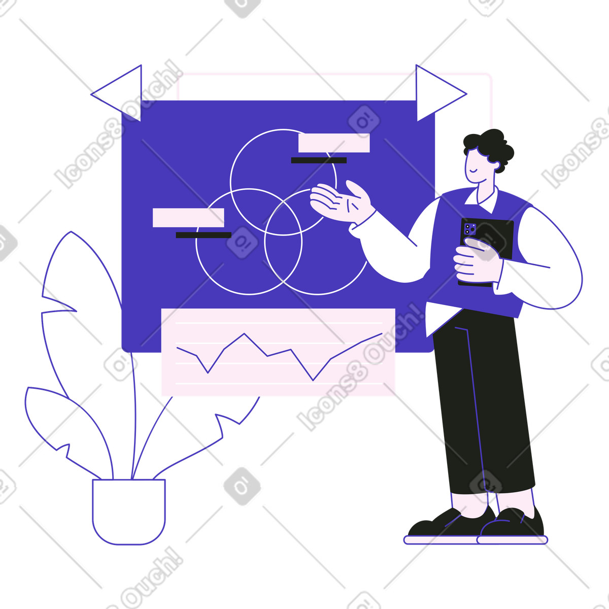 Blueberry スタイルの Employee presenting venn diagram at meeting, Business presentation and reporting のイラストをPNG、SVG形式でダウンロード