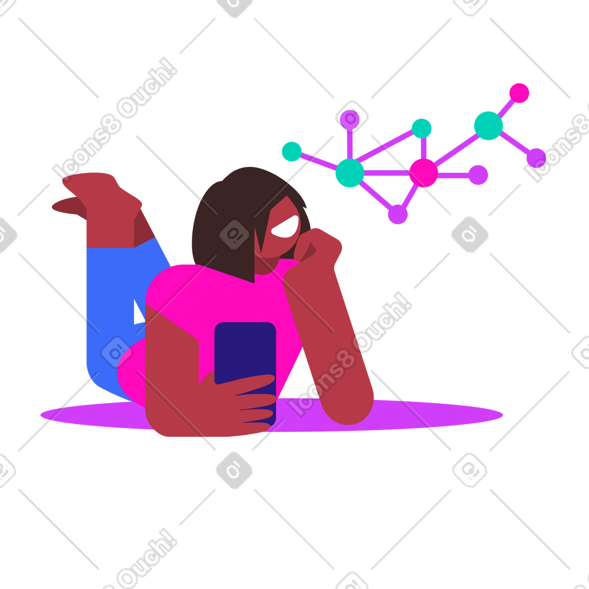 Basic スタイルの 携帯電話でニューラルネットワークとチャットする女性 のイラストをPNG、SVG形式でダウンロード