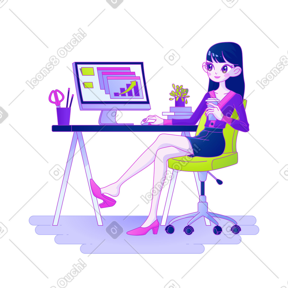 Break time illustration featuring a woman in an office with analytics clipart images