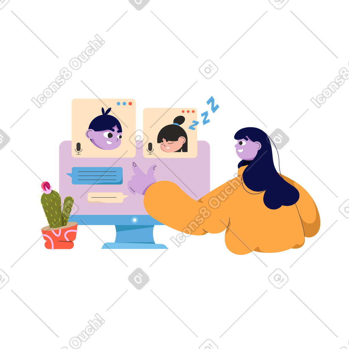 Ilustração de Mulher com pc em reunião zoom no estilo Dizzy para baixar PNG, SVG