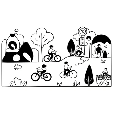 Children riding bicycles along a wide path in a car-free city zone. The path is bordered by large, colorful murals depicting various scenes of nature and community. A few trees are scattered along the path, casting shadows on the ground. Some children are laughing and interacting while others are riding past, showing their excitement and energy. A bicycle rack can be seen in the background, filled with more bikes. "Safe Zone" is written in bold letters on a signpost nearby.