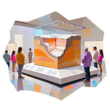 A museum exhibit featuring a large, detailed model of a reverse fault, prominently displayed on a pedestal. The model is intricately crafted, showcasing the layers of rock and geological features that characterize a reverse fault. Around the model, there are informative plaques with descriptions of the geological processes involved. The exhibit is well-lit, highlighting the textures and colors of the model, and there are visitors observing and discussing the model nearby. The environment is spacious, with other geological exhibits visible in the background.
