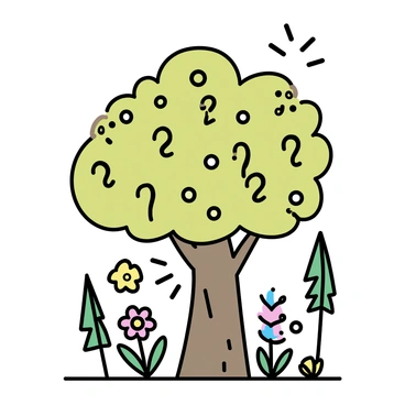 A whimsical tree with a thick, textured trunk, standing in the center of a vibrant forest. The tree has an abundance of leaves, all shaped like question marks, creating a playful canopy overhead. Sunlight filters through the leaves, casting dappled shadows on the ground below. Surrounding the tree are various colorful flowers and ferns, enhancing the liveliness of the scene. The forest background features tall, slender trees with green trunks and patches of sunlight illuminating the forest floor.