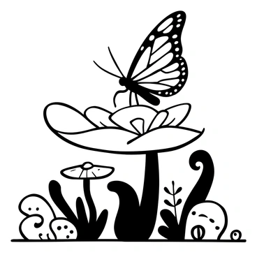 A giant monarch butterfly with intricate wing patterns is perched on a large, surreal flower. The butterfly's wings are spread wide, showcasing the detailed black and white lines and shapes. The flower has exaggerated proportions, with layered petals curling outward. In the background, a series of oversized, abstract plants and mushrooms create a fantastical environment. The ground is dotted with oversized pebbles and whimsical foliage, enhancing the dream-like atmosphere.
