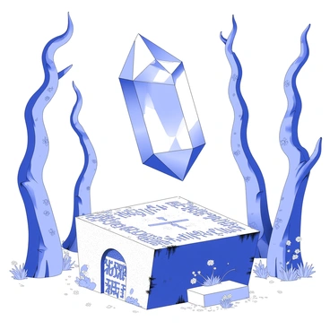 A giant mystic crystal is floating above an ancient altar. The crystal is multi-faceted, reflecting intricate patterns of light around it. The altar is made of weathered stone, covered in ancient inscriptions and symbols. The surface of the altar is adorned with moss and small, delicate flowers growing in the crevices. Surrounding the altar are tall, gnarled trees with twisted branches that reach towards the sky. A gentle mist hovers above the ground, creating an ethereal atmosphere around the scene.
