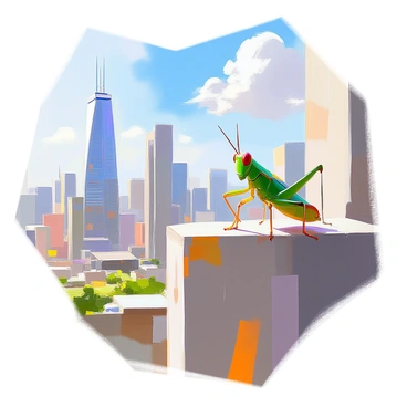 A grasshopper with bright green exoskeleton and long antennae is perched on the edge of a tall building, overlooking the bustling city below. The grasshopper's delicate legs are poised as it balances on a narrow ledge. In the background, a skyline of tall skyscrapers stretches toward the clear blue sky, with a few fluffy clouds drifting by. The scene captures the contrast between the tiny insect and the vast, urban landscape, with hints of greenery in the form of rooftop gardens visible nearby. Sunlight reflects off the glass windows of the buildings, adding a vibrant touch to the urban setting.