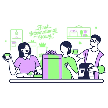The two owners of a local café are joyfully celebrating in their shop. One owner, a woman with medium-length hair, is holding a large, colorful box with a bow on top, symbolizing the first international order. The other owner, a man with glasses, is pouring a cup of coffee from a stylish machine, while a few pastries are displayed neatly on the counter behind them. The café is decorated with plants and has a cozy atmosphere. A sign on the wall reads "First International Order" in cheerful lettering.