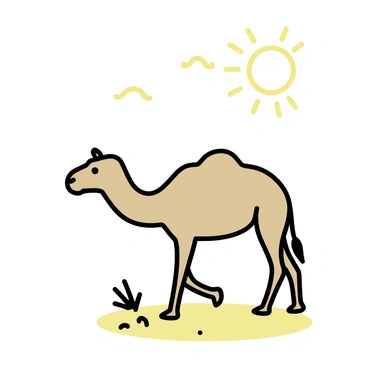 A camel standing on a sandy landscape, illuminated by "the golden light of early morning." The camel has a light brown coat and a prominent hump, with its body casting a soft shadow on the ground. "Sunrays" are shining through a few wispy clouds in the clear sky above, creating a warm atmosphere. The surrounding sand is slightly disturbed, suggesting the camel has been walking. There are a few sparse tufts of grass nearby, enhancing the natural setting.