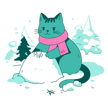 A teal cat is bundled snugly in a pink scarf, sitting in a snowy landscape. The cat is focused on building a snowcat, shaping the snow with its paws. Surrounding the cat are fluffy snowdrifts and softly falling snowflakes, adding to the winter atmosphere. In the background, there are snow-covered trees that enhance the setting. The cat has a playful expression as it adds small twigs for the snowcat's whiskers.