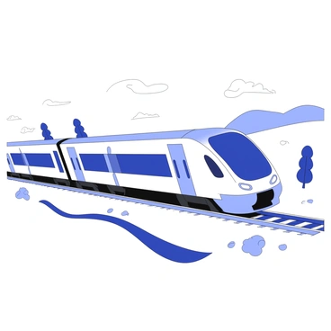 A modern electric train powered by AC is speeding along a railway track. The train has a sleek, aerodynamic design with large windows and a streamlined front. It is composed of several connected carriages, each featuring distinct sections for passengers. The railway track is visible beneath the train, with steel rails and wooden ties. Surrounding the train are signs of a vibrant landscape, including distant trees and rolling hills. The motion of the train creates a sense of speed, with blurred lines indicating its fast pace.