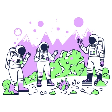 A group of astronauts is standing on the surface of a distant planet. They are wearing sleek space suits with helmets reflecting the alien terrain. In front of them, a landscape features swirling rock formations and unusual vegetation. The ground is uneven, marked with craters and ridges. In the distance, there are towering mountains with jagged peaks. The sky is filled with multiple moons and stars. The astronauts are examining colorful, luminescent plants with curiosity, while one of them is taking notes on a digital device.