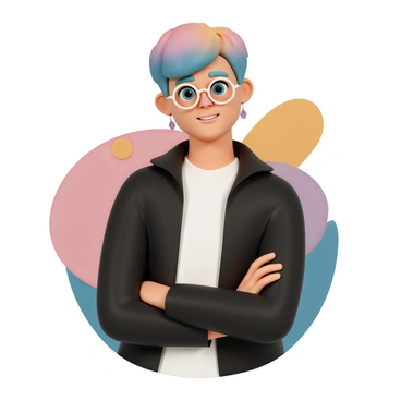 A 3D render of a personalized avatar designed for social media use. The avatar features a young adult with short, colorful hair, wearing a stylish black jacket over a white t-shirt. The character has bright blue eyes and a friendly smile. Accessories include round glasses and a pair of trendy earrings. The avatar is posed with arms crossed, exuding confidence, and is set against a vibrant, abstract background that complements its colorful appearance. The design emphasizes modern, social media-friendly aesthetics.